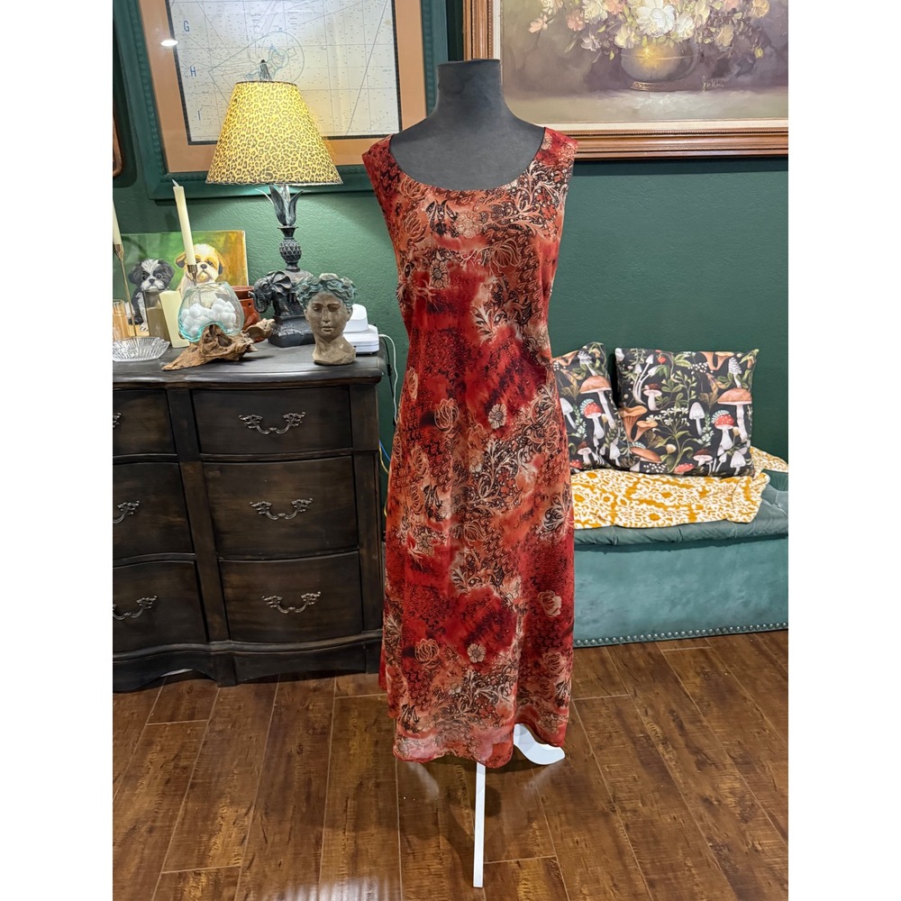 Studio I‎ 14W Rust Red Floral Paisley Glitter Mesh Midi Sheath Dress Sleeveless